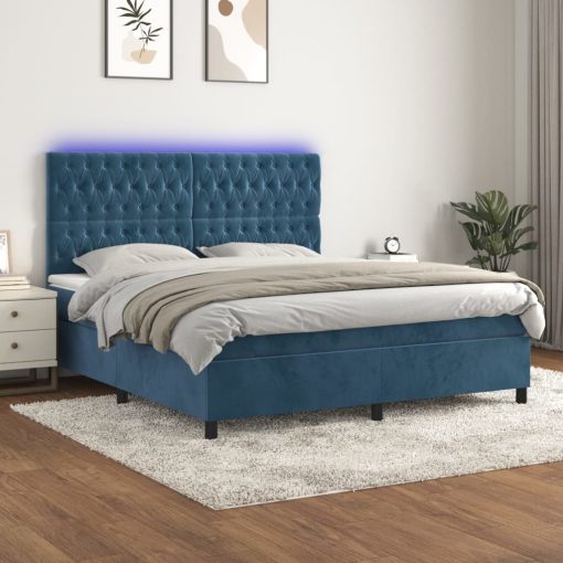 Krevet box spring s madracem LED tamnoplavi 160x200 cm baršun