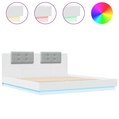 Okvir kreveta s uzglavljem i LED svjetlima bijeli 200 x 200 cm