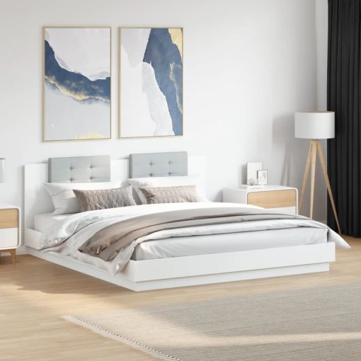 Okvir kreveta s uzglavljem i LED svjetlima bijeli 200 x 200 cm