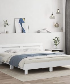 Okvir kreveta s uzglavljem i LED svjetlima bijeli 200 x 200 cm