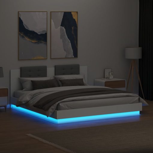 Okvir kreveta s uzglavljem i LED svjetlima bijeli 200 x 200 cm