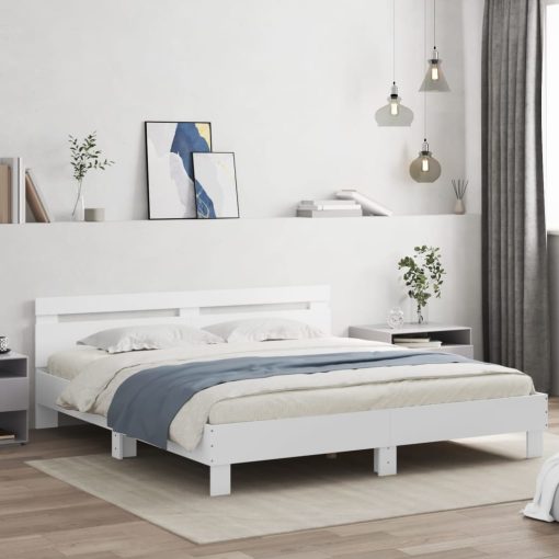 Okvir kreveta s uzglavljem i LED svjetlima bijeli 200 x 200 cm
